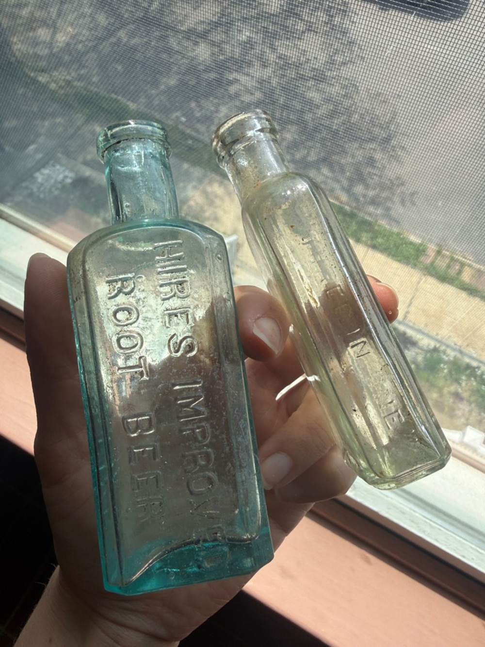 Antique Embossed Root Beer Aqua Bottle and three in one embossed corktop bottle